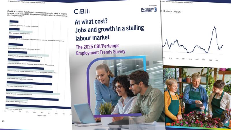 Cover of the 2025 CBI/Pertemps Employment Trends Survey report, with charts and workplace imagery.