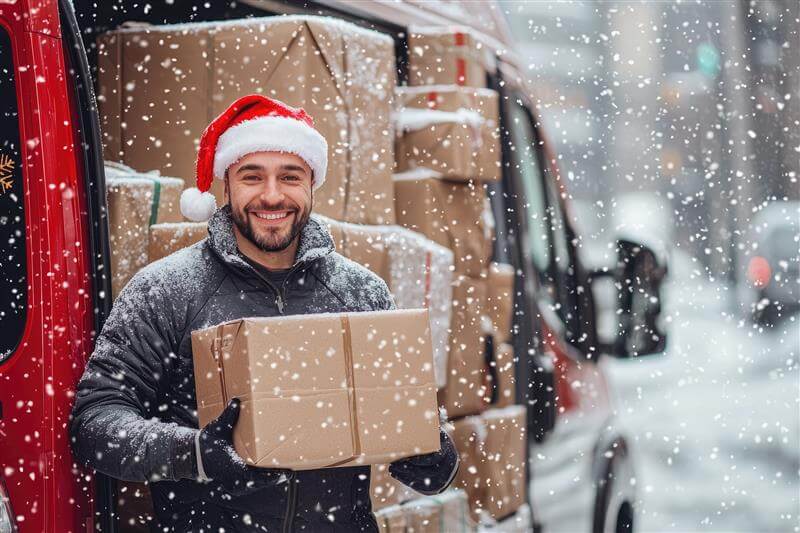 man wearing a santa hat carrying parcel
