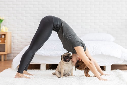 woman practising yoga positions at home 